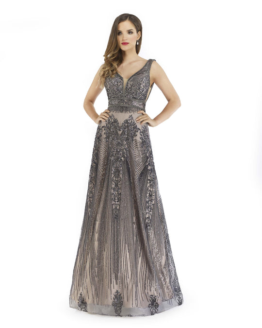 Morrell Maxie - 16216 Sequined Deep V-neck Tulle A-line Dress In Gray