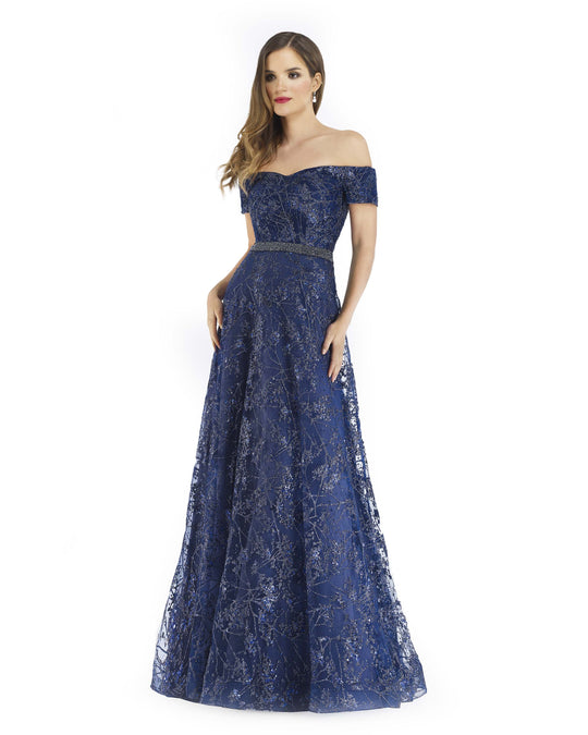 Morrell Maxie - 16219 Bedazzled Off-Shoulder A-line Dress In Blue