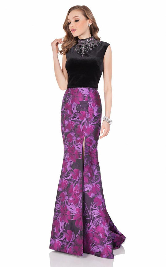 Terani Couture - High Neck Velvet Mermaid Gown 1621E1483 In Black Magenta