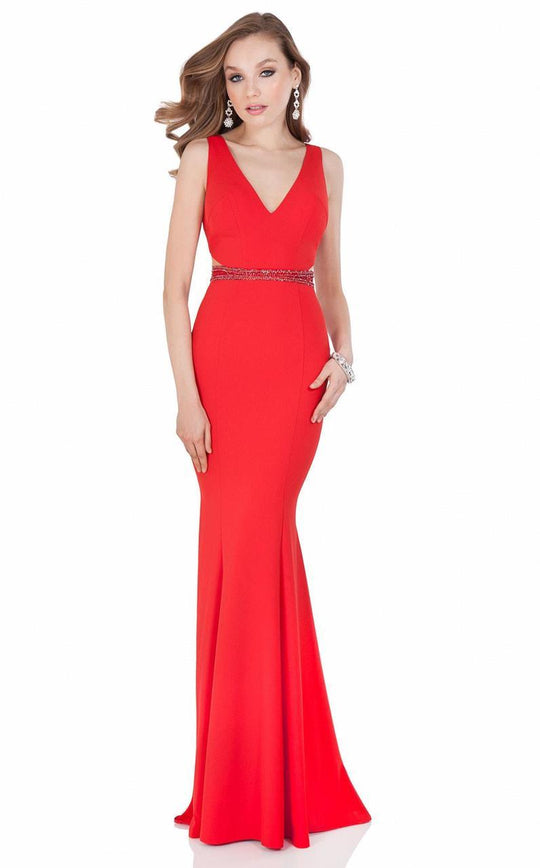 Terani Couture - Embellished V-Neck Gown with Slit 1621E1499 In Red