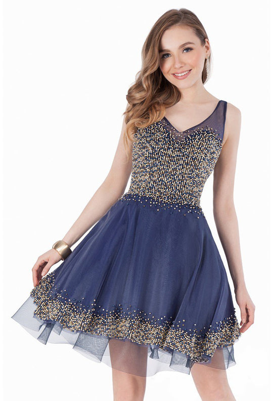 Terani Couture - Illusion V-neck Multi Color Beads Embellishment Cocktail Dress 1621H1006 In Blue