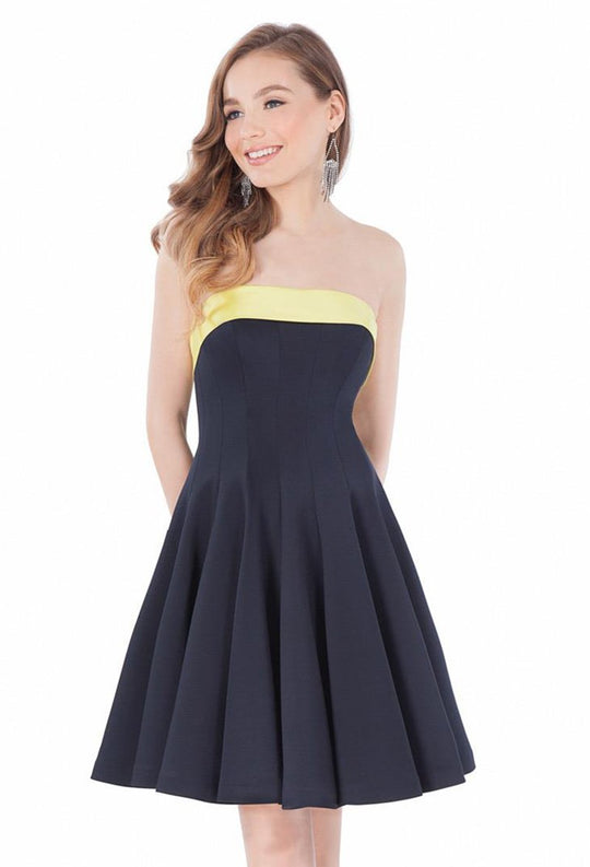 Terani Couture - 1621H1060 Pleated Straight Across A-Line Dress in Blue and Yellow