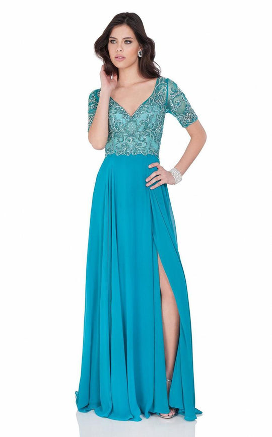 Terani Couture - Elaborately Beaded V-Neck A-line Gown 1621M1714 In Teal
