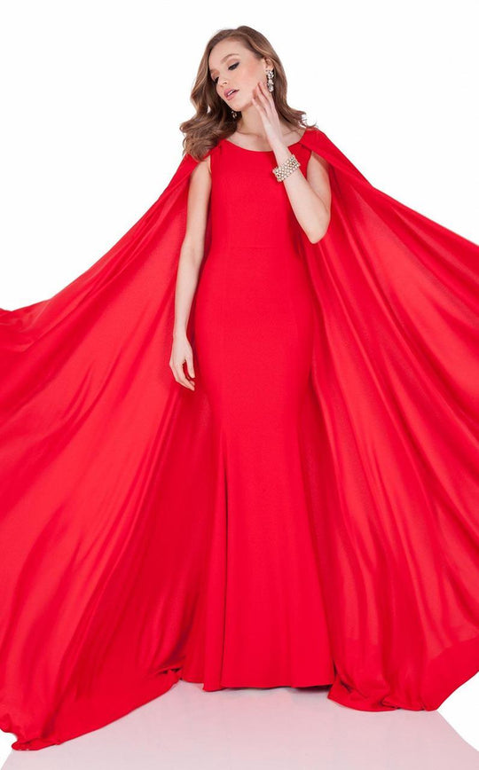 Terani Couture - Sleek Caped Sheath Gown 1622E1581 In Red