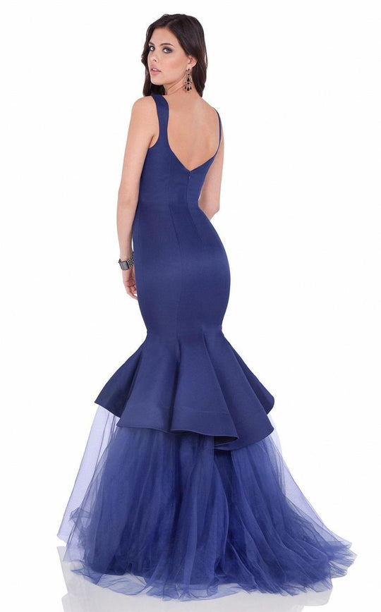 Terani Couture - Sculptural Tulle V-neck Mermaid Gown 1622E1587 In Blue