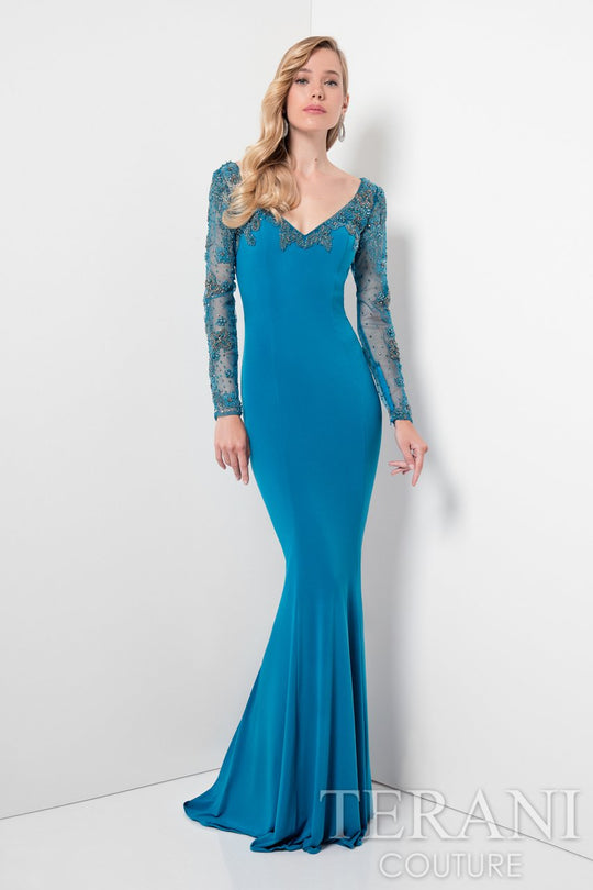 Terani Couture - Embellished Longsleeve Mermaid Evening Dress 1622M1797 In Green
