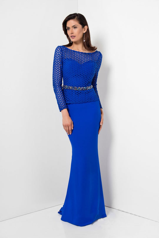 Terani Couture - Longsleeve V-Back with Belt Evening Dress 1622M1808 In Blue