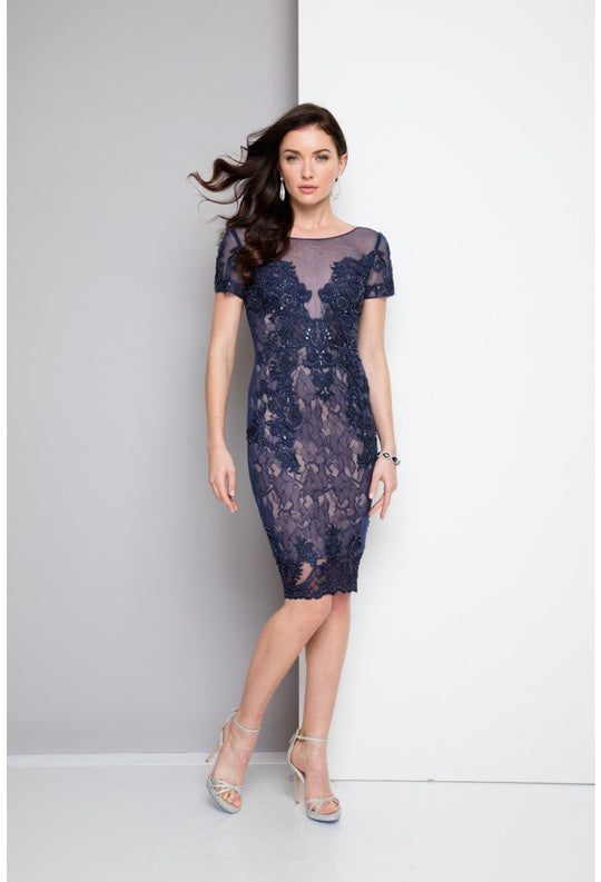 Terani Couture - Illusion Short Sleeve Beaded Lace Cocktail Dress 1622C1327 In Blue