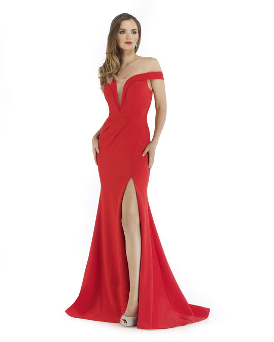 Morrell Maxie - 16230 Plunging Off Shoulder Dress with Slit In Red