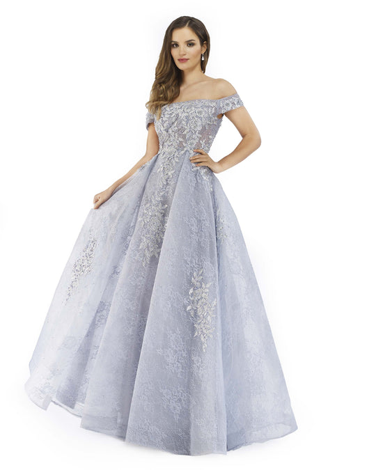 Morrell Maxie - 16235 Embroidered Lace Off-Shoulder Ballgown In Blue and Gray
