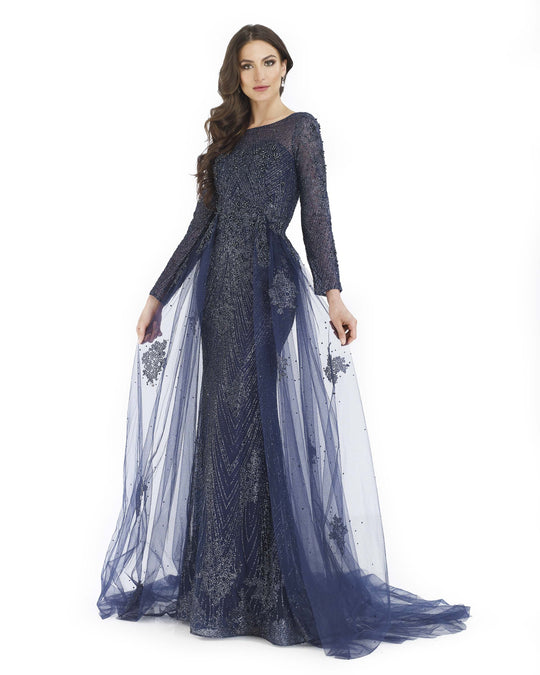 Morrell Maxie - 16237 Sequin Embellished Gown with Sheer Train In Blue
