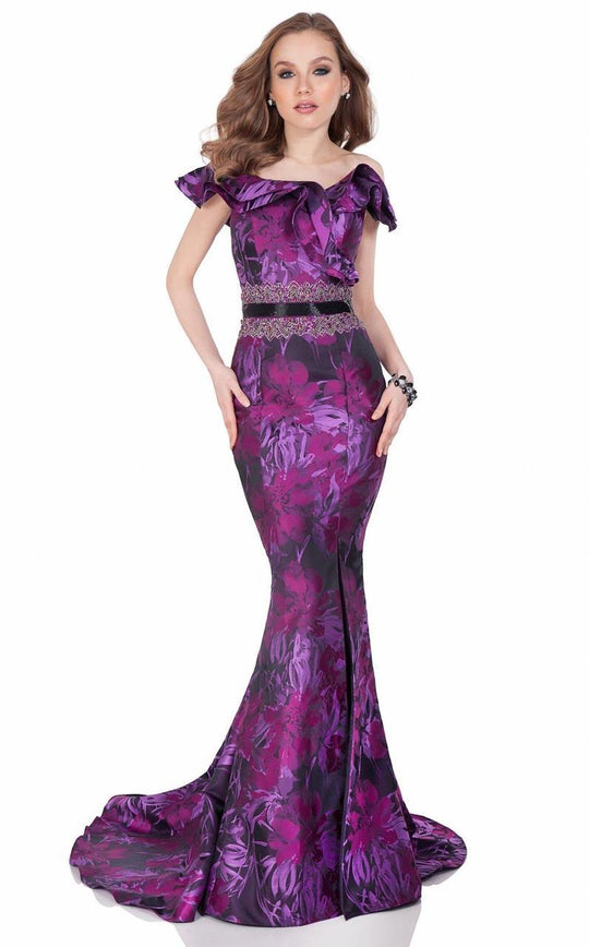 Terani Couture - Floral Ruffled Evening Gown 1623E1667 In Purple