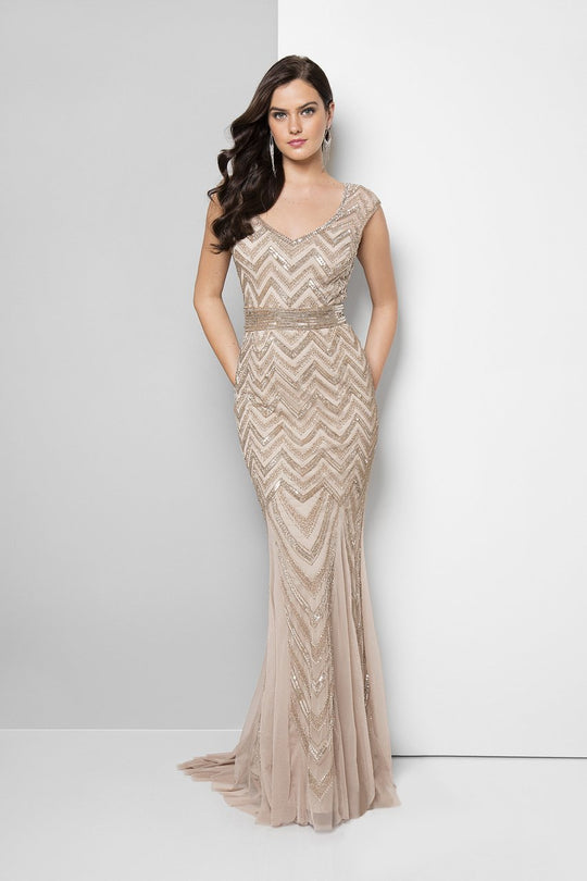 Terani Couture - Embellished Long Dress 1623M1858 In Neutral