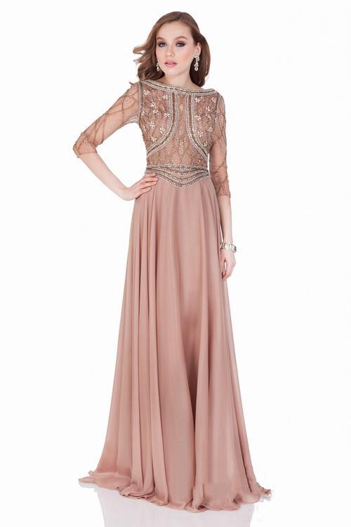 Terani Couture - 1623M1861 Beaded Illusion Evening Gown in Brown