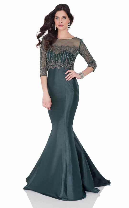 Terani Couture - Sheer and Fine Sequined Evening Gown 1623M1862 In Dark Green