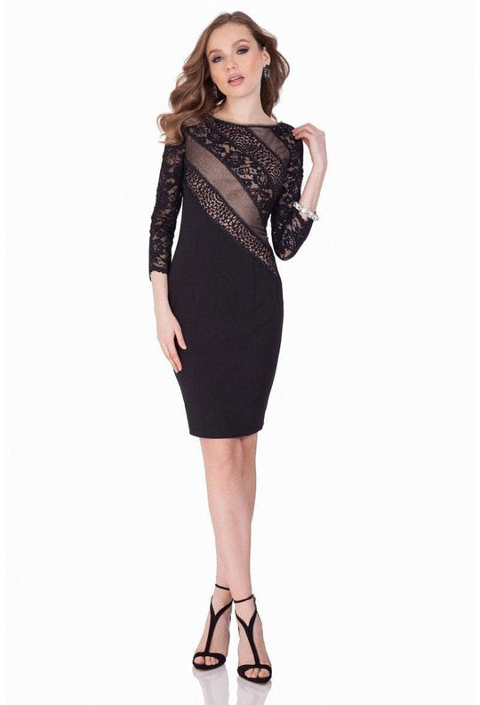 Terani Couture - 1623C1376 Lace Bateau Neck Sheath Dress in Black and Neutral