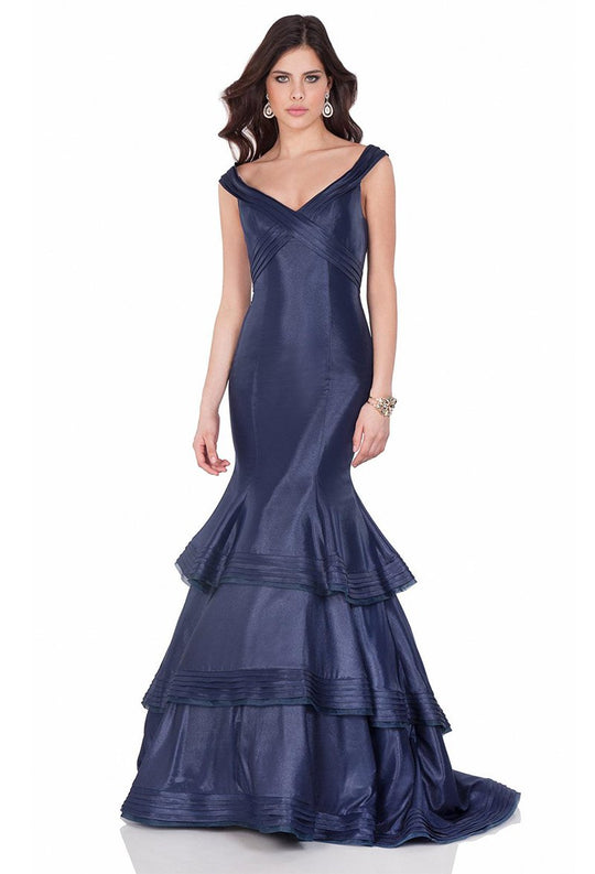 Terani Couture - 1623E1655 Off-Shoulder/V-neck Ruffled Mermaid Dress in Blue