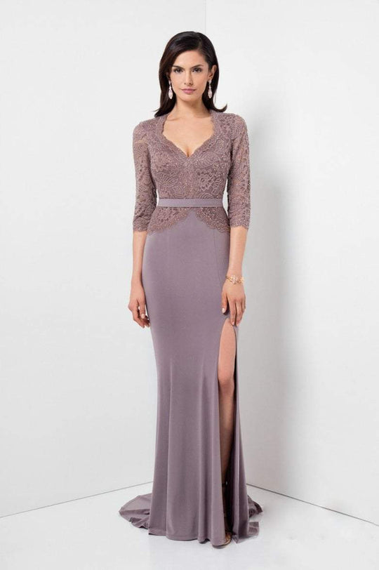 Terani Couture - 1623M1838 Quarter Sleeve Jeweled Lace High Slit Gown In Brown