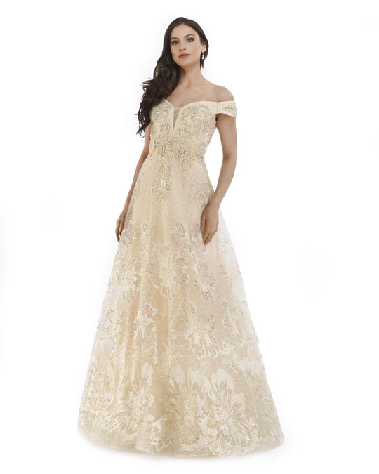 Morrell Maxie - 16246 Beaded Off-Shoulder A-Line Dress In White and Yellow