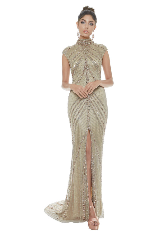 Ashley Lauren - 1624 Embellished High Neck Dress with Slit In Pink and Gold