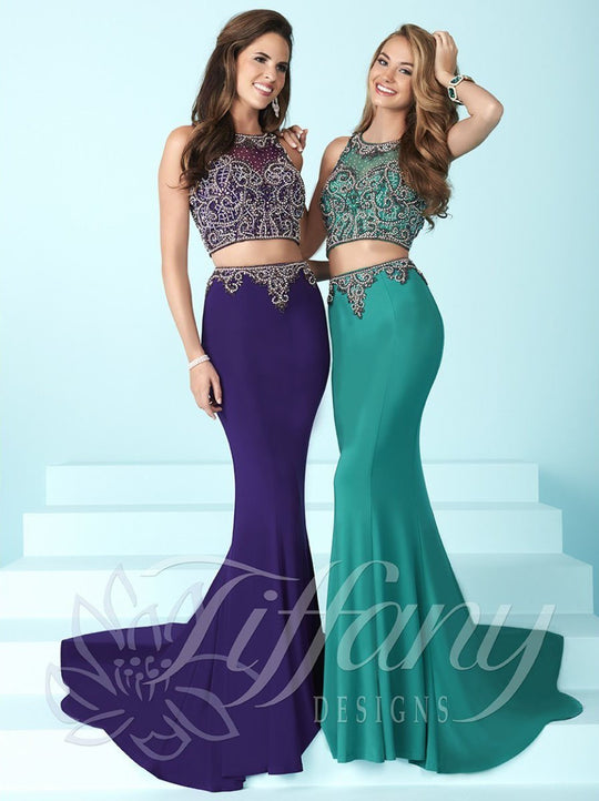 Tiffany Homecoming - Two-Piece Long Prom Dress with Open Back 16251 In Purple and Green