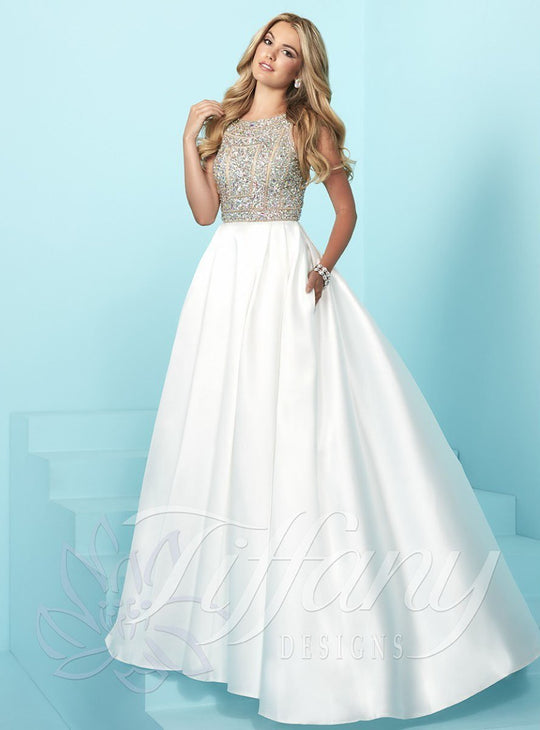 Tiffany Homecoming - Long Prom Dress with Beaded Bodice and V-Back 16253 in White and Neutral