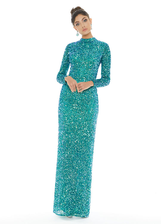 Ashley Lauren - 1625 Allover Sequin Long Sleeve Sheath Evening Gown In Green