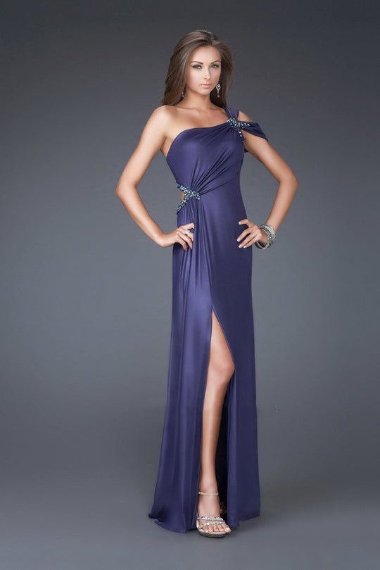 La Femme - Elegant One-Shoulder Sheath Evening Dress 16260 In Blue