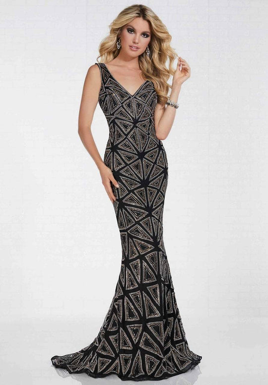 Tiffany Homecoming - 16262 Geometric Beaded Sleeveless Mermaid Gown In Black and Gold
