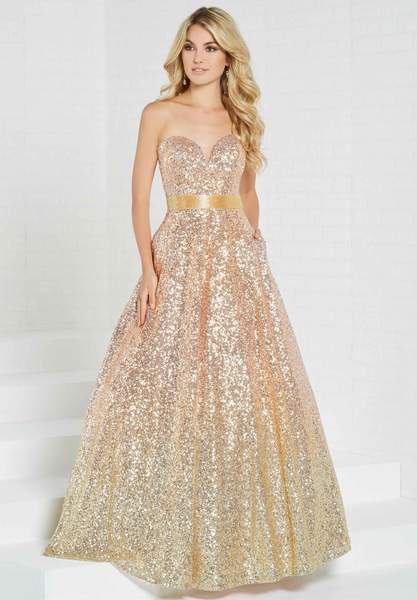 Tiffany Designs - Strapless Sweetheart Ombre Sequined Ballgown 16264 In Pink and Gold