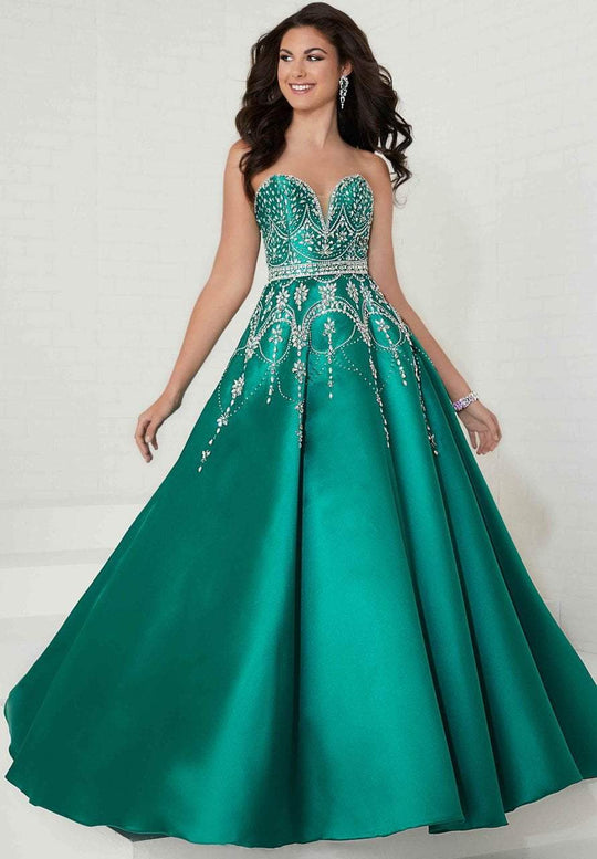 Tiffany Homecoming - 16266 Plunging Sweetheart Jeweled Mikado Ballgown In Green