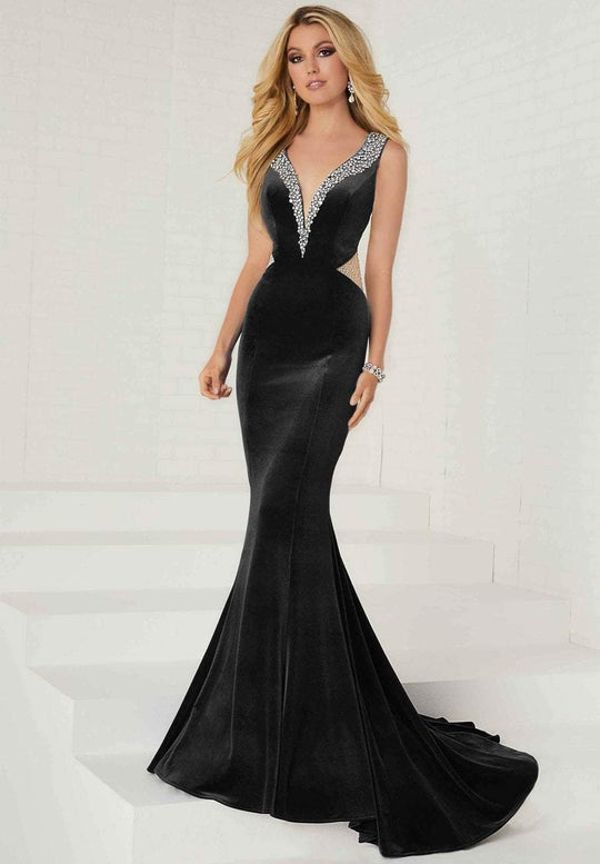 Tiffany Homecoming - 16268 Plunging V-Neck Illusion Cutout Velvet Gown In Black