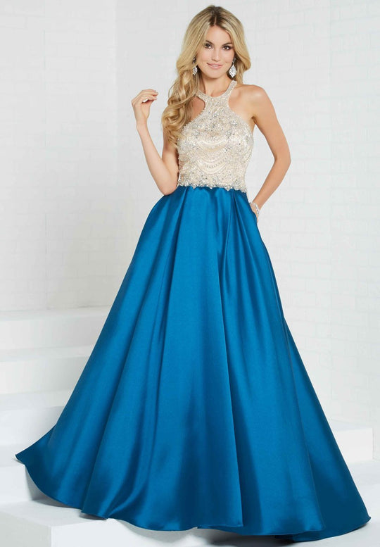 Tiffany Homecoming - 16269 Beaded High Halter Mikado Ballgown In Blue and Neutral
