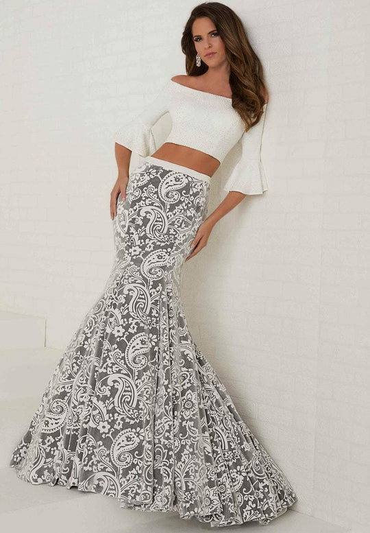Tiffany Homecoming - 16272 Off-Shoulder Two-Piece Mermaid Gown In White and Gray
