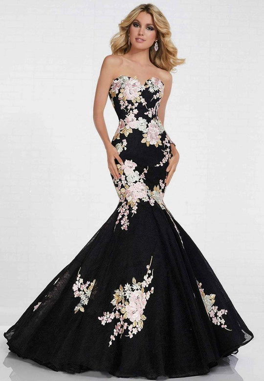 Tiffany Homecoming - 16273 Intricate Floral Appliqued Lace Trumpet Gown In Black and Multi-Color