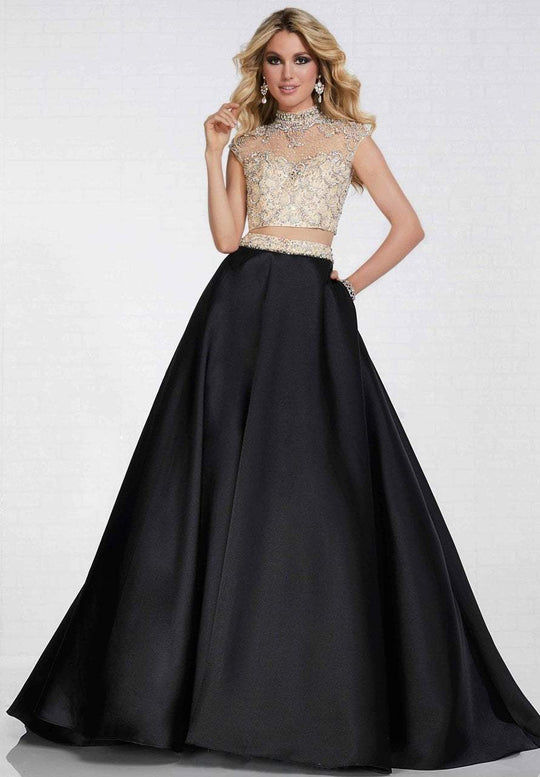 Tiffany Homecoming - 16277 Cap Sleeve Illusion Choker Mikado Gown In Neutral and Black