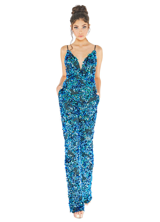 Ashley Lauren - 1627 Beaded Plunging V-Neck Jumpsuit In Multi-Color