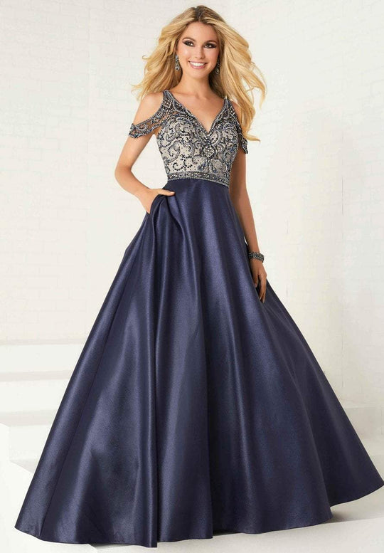 Tiffany Homecoming - 16283 Beaded V-neck Shimmer Satin A-line Gown In Blue