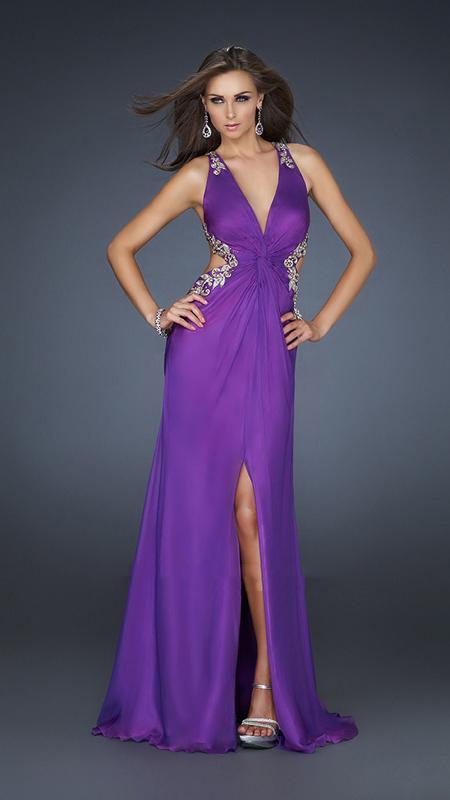 La Femme - Bejeweled V-Neck Chiffon A-line Gown 16288 In Purple and Gold