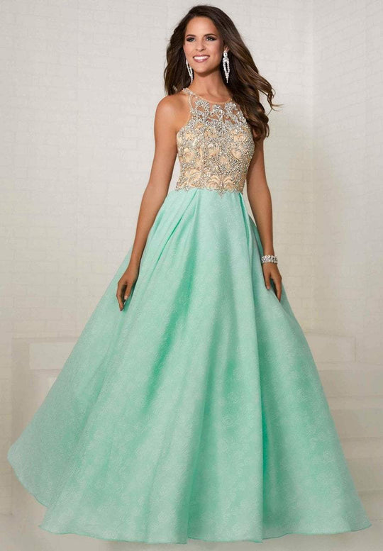Tiffany Homecoming - 16289 Bejeweled Illusion Halter Brocade Ballgown In Neutral and Green