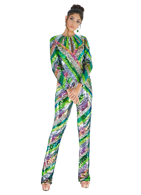 Ashley Lauren - 1628 Beaded Long Sleeve Jumpsuit In Multi-Color
