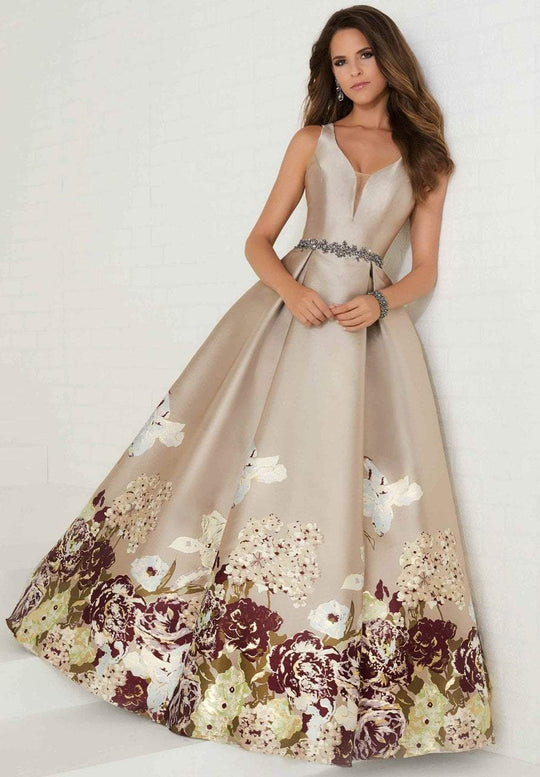 Tiffany Homecoming - 16291 Deep V-neck Floral Print A-line Gown In Brown and Multi-Color