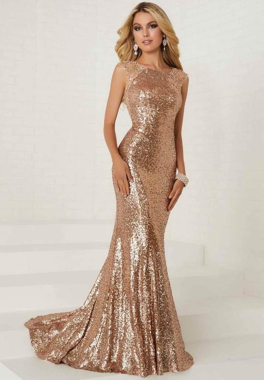 Tiffany Designs Sequined Bateau Neck Trumpet Dress 16292 In Gold