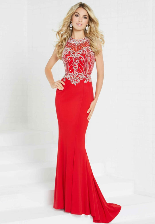 Tiffany Homecoming - 16293 Embellished Illusion Halter Jersey Dress In Red
