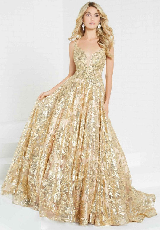 Tiffany Homecoming - 16294 Floral Sequined Deep V-neck Ballgown In Gold