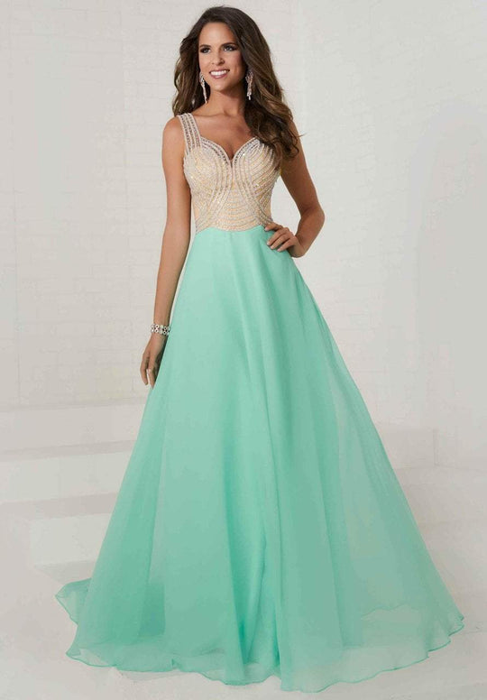 Tiffany Homecoming - 16295 Sleeveless Crystal Bodice Chiffon Gown In Green and Neutral