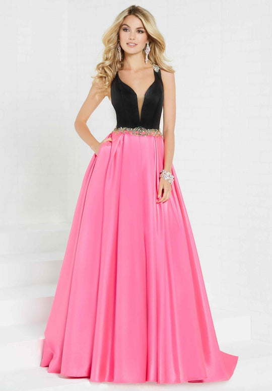 Tiffany Homecoming - 16297 Beaded Deep V-neck Shimmer Satin Ballgown In Black and Pink