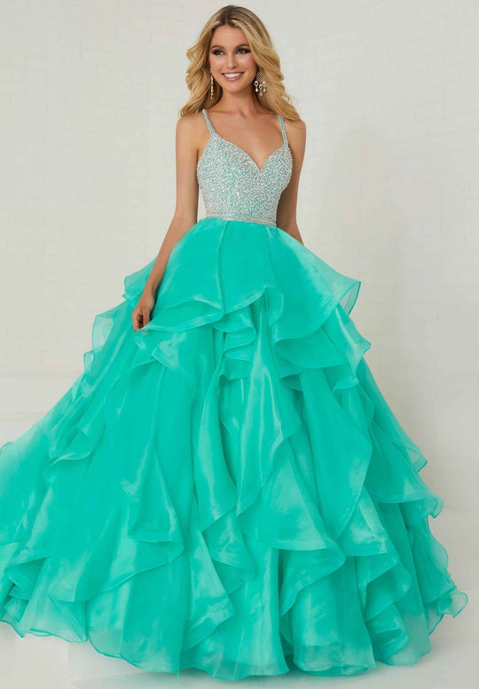 Tiffany Homecoming - 16300 Bedazzled Sweetheart Organza Ballgown In Silver and Green