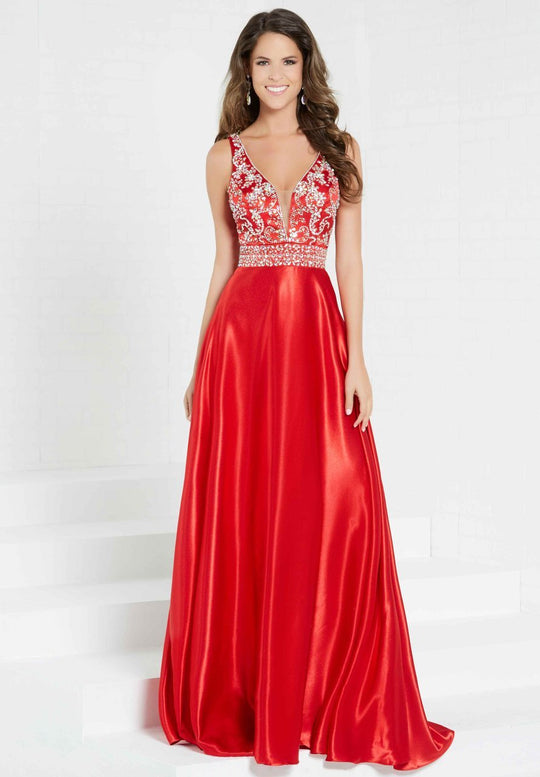 Tiffany Homecoming - 16302 Beaded Deep V-neck A-line Dress In Red