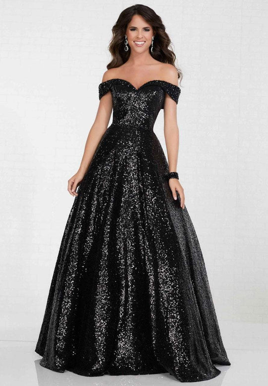 Tiffany Homecoming - 16303 Sequined Off-Shoulder Long A-line Dress In Black